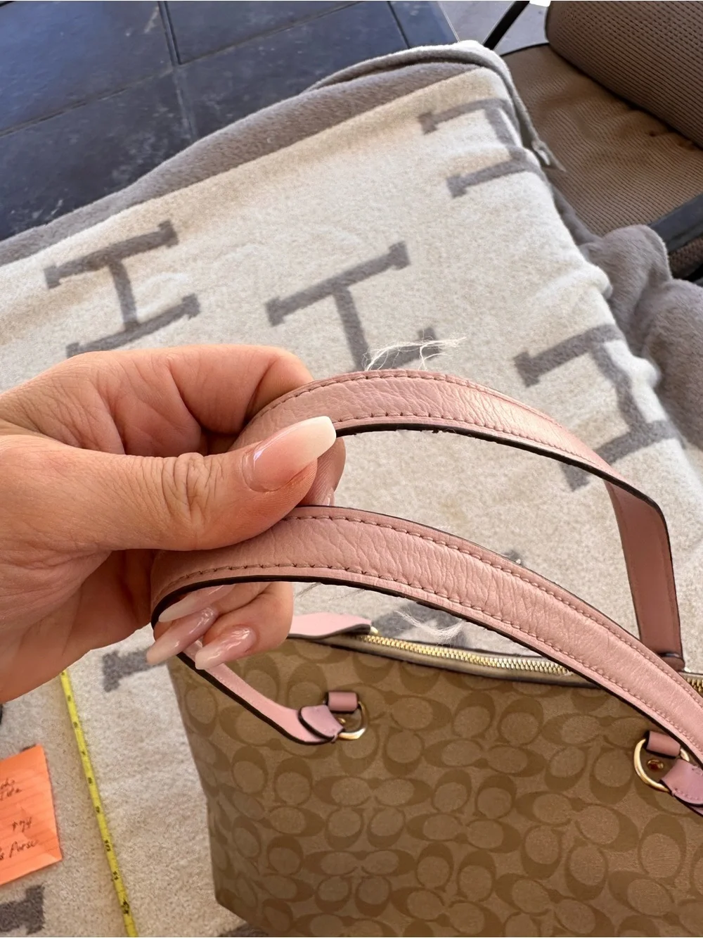 Coach Beige Signature Tote with Pink Leather Handles 2019 Coach gallery tote